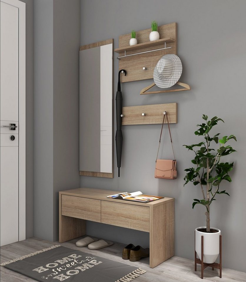 style home Garderoben-Set 4tlg. Flurgarderobe Wandgarderobe, Holz Komplettgarderobe-Set, (4-St., inkl. Spiegel, Bank, 2 Garderobenpanel), für Flur Diele Wohnzimmer von style home