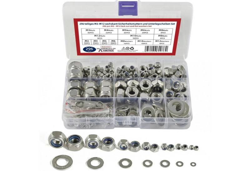 style home Muttern Sechskant Sicherheitsmuttern und Unterlegscheiben Set, (296-St), M3-M12 Sechskant Muttern, Edelstahl, Silber von style home