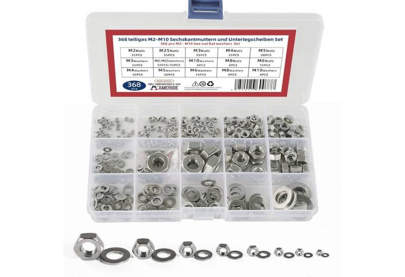 style home Muttern M2-10 Sechskant Muttern und Unterlegscheiben, (368-St), Sechskantmuttern Sortiment Set Edelstahl, Silber von style home