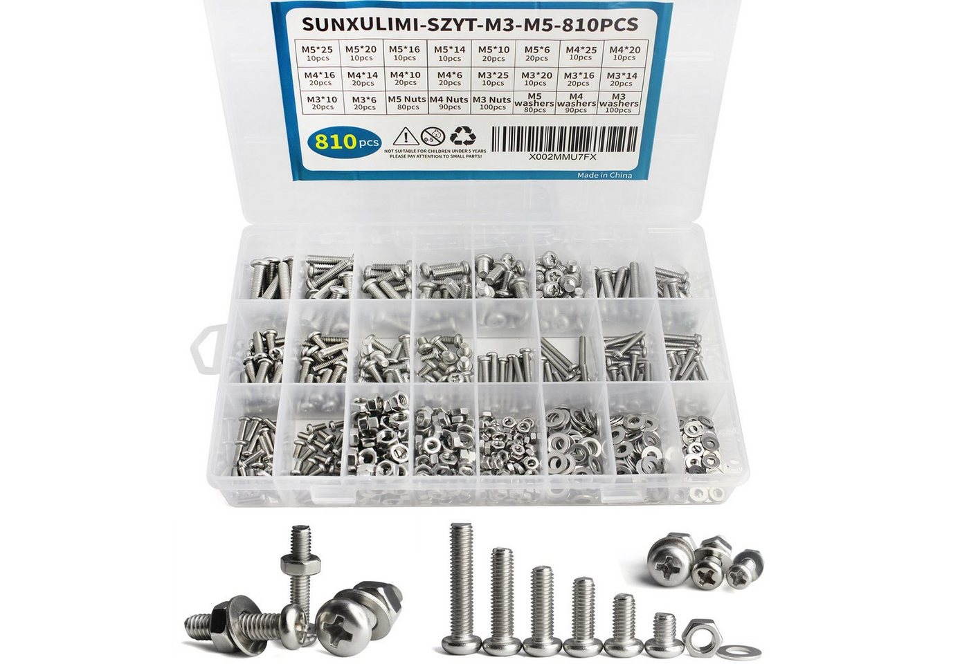 style home Schrauben-Set Rundkopf Kreuzschrauben, (M3 M4 M5 304 Edelstahl, 810 St., Maschinenschrauben mit Aufbewahrungsbox), Befestigungsschrauben mit Muttern und Unterlegscheiben Sortiment Kit von style home