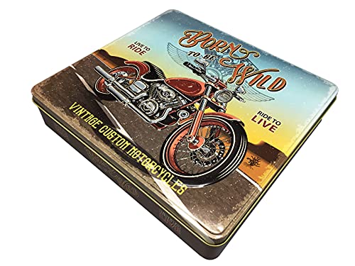 stylebox Rechteckige Blechdose mit Aufschrift Born to be wild im Retro-Look Keksdose Deko Box Dose, ca. 23 x 21.5 x 4 cm Volumen: 1,9 L von stylebox