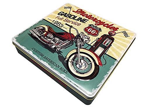 Rechteckige Blechdose mit Aufschrift "Motorcycles Gasoline" im Retro-Look Keksdose Deko Box Dose, ca. 23 x 21.5 x 4 cm Volumen: 1,9 L von stylebox