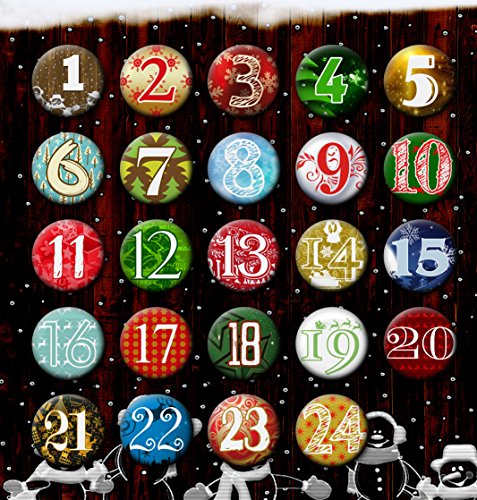24 Adventskalender Buttons: bunte, durchnummerierte Anstecker (Ø 25 mm) mit Bogennadel zum selber Basteln von DIY-Weihnachts-Kalendern und zum Dekorieren; Pins/Sticker aus Metall (25 mm) von stylebutton design your own