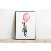 Kinderposter - Poster Fliegender Hase Mit Ballons Rosa Kinderzimmerbild von stypsstudio