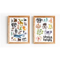 Kinderposter Poster Set - Abc Zahlenposter Tiere Watercolor von stypsstudio