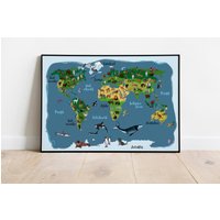 Kinderposter Weltkarte Illustration Tiere Poster - Rund Um Die Welt von stypsstudio