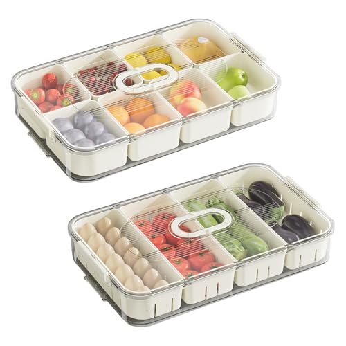 suaywo 2 Stück Snackbox mit Fächern Snackschale mit Deckel Obst und Gemüse Tablett mit 8+4 Fächern Snackschale mit Deckel Kühlschrank und Speisekammer für Snacks und Obst 34 * 21 * 6cm von suaywo