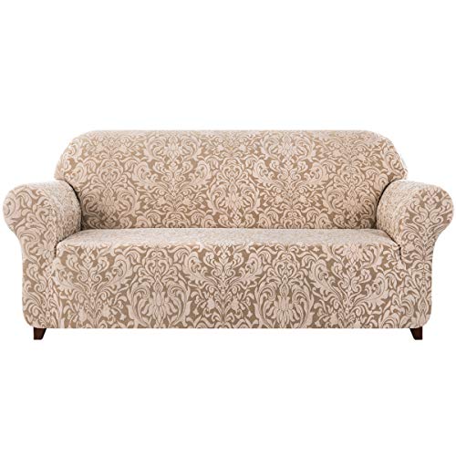 subrtex 1 Stück Damast Sofa Schonbezug 1,2,3 Sitzer Jacquard Sofabezug Hochelastisch Stretch Möbelschutz (Sofa, Beige Braun Muster) von subrtex