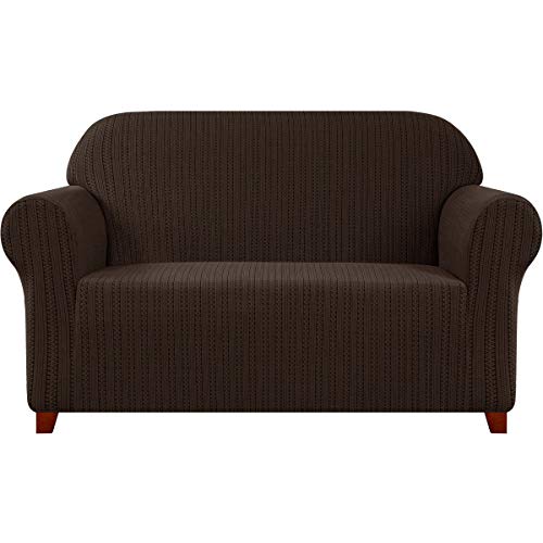 subrtex 1 Stück Gestreift Jacquard Sofa Schonbezug, Spandex Stretch Couch Sofabezug, Waschbar Möbelschutz für Wohnzimmer (3 Sitzer,Schokolade) von subrtex