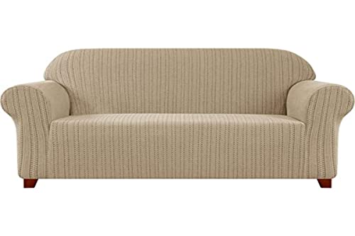 subrtex 1 Stück elastischer Sesselbezug, Jacquard, gestreift, Sofabezug für Kratzer, Sofa-Schutz (3-Sitzer, Khaki) von subrtex