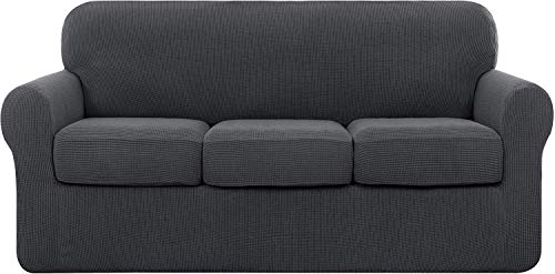 subrtex 3-Sitzer-Sofabezug mit 3 getrennten Sitzkissen, hohe Elastizität, für Sessel, Möbelschutz, waschbar (3-Sitzer, Grau) von subrtex
