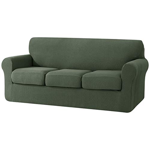 subrtex 3-Sitzer Sofabezug mit 3 separaten Kissenbezügen Stretch Sofa Schonbezug Ersatz Anti-Rutsch Möbelschutz (Sofa, Olivgrün) von subrtex