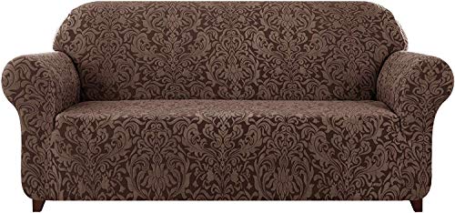 subrtex Damast Sofabezug Stretch Sofahusse Couchbezug Sesselbezug Elastischer Blumenmuster rutschfest Stretchhusse Weich Stoff(3 Sitzer,Braun Muster) von subrtex