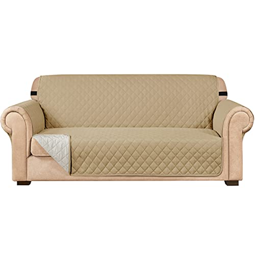 subrtex Gesteppt Sofabezug Reversibel Sofaüberwürfe mit Gummiband schonbezug Sesselschoner Sesselhusse mit Armlehnen für Wohnzimmer Sofas(3 Sitzer,Khaki) von subrtex