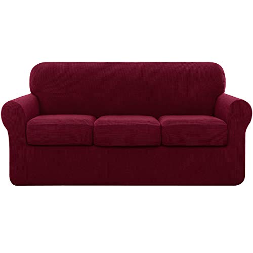 subrtex Sofabezug, dehnbar, mit 3 Kissenbezügen, Sofadecke mit Armlehnen, elastisch (3-Sitzer, Bordeaux) von subrtex