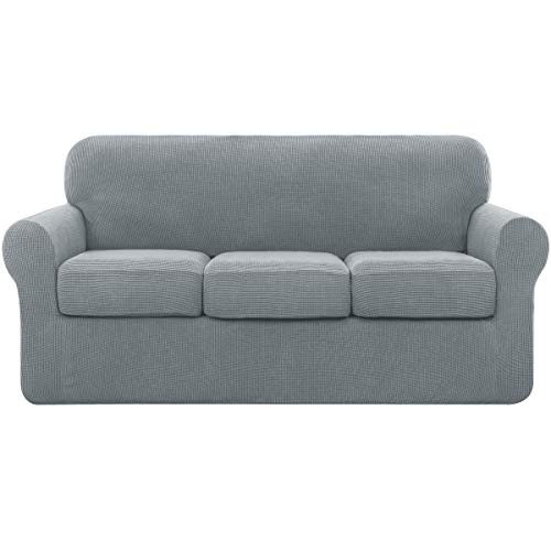 subrtex Sofabezug, dehnbar, mit 3 Kissenbezügen, Sofadecke mit Armlehnen, elastisch (3-Sitzer, Hellgrau) von subrtex
