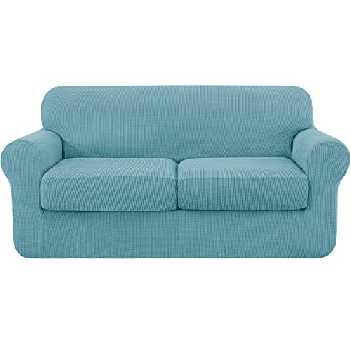 subrtex Sofabezug, dehnbar, mit 2 Kissenbezügen, Sofadecke mit Armlehnen, elastisch (2-Sitzer, Hellblau) von subrtex