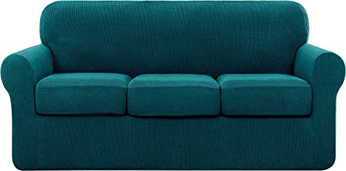 subrtex Sofabezug für 3-Sitzer mit 3 Kissenbezügen, elastischer Sofabezug für DREI Sitzer gegen Kratzer, waschbar (3-Sitzer, Blau Grün) von subrtex