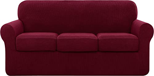 subrtex 3-Sitzer-Sofabezug mit 3 Kissenbezügen, elastischer Sofabezug für DREI Sitzer gegen Kratzer, waschbar (3-Sitzer, Burgund) von subrtex