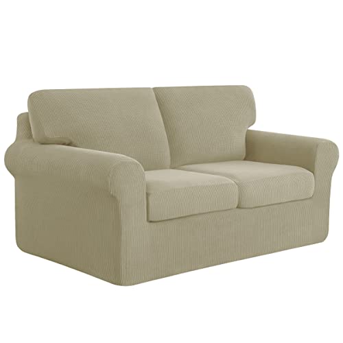 subrtex Stretch Sofabezug Sofaüberwurf mit Armlehne, 2- Sitzer Sofahbezug Sofahusse mit separaten Sitzkissenzügen und Rückenlehnenbezügen (2-Sitzer,Sand) von subrtex