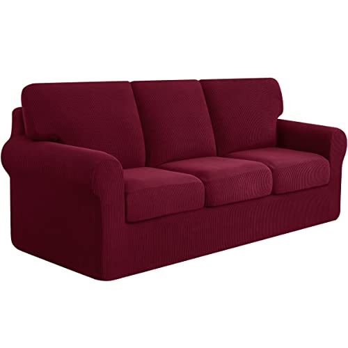 subrtex Stretch Sofabezug Sofaüberwurf mit Armlehne, 3- Sitzer Sofahbezug Sofahusse mit separaten Sitzkissenzügen und Rückenlehnenbezügen (3-Sitzer,Weinrot) von subrtex