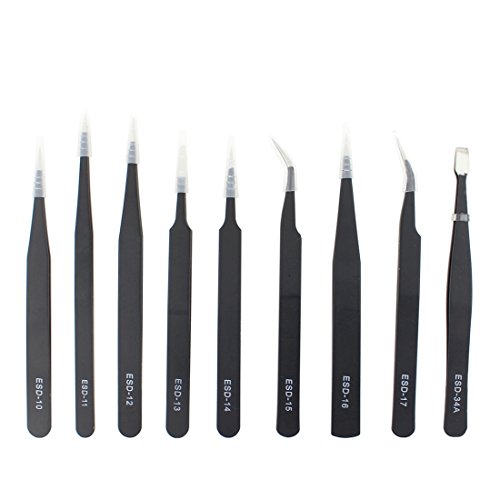 ESD-Pinzette Set 9teilig, antistatisch, in verschiedenen Größen, aus Metall, schwarz. Mit Textil-Rolltasche aus Leinen/Canvas. Antistatik Pinzetten 9x spitz. Präzisions Pinzetten von subtel