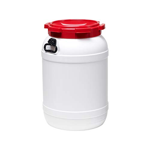 Curtec HDPE Weithalsfass mit rotem Schraubdeckel, Stapelbar, Wasserdicht, Naturweiß (41,7 Liter) von sufe
