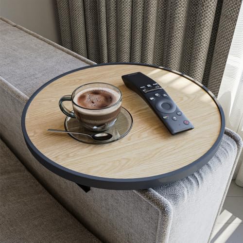 Sofatablett Armlehne, Couch-Tablett, Einstellbarer Sofa-Tablett, Getränkehalter, spezielles Design stoßfeste Halterung, Sitzgarnitur Ablage, Durchmesser ⌀ 34 cm, Natur Eiche-Optik, Comfy von sugodesign