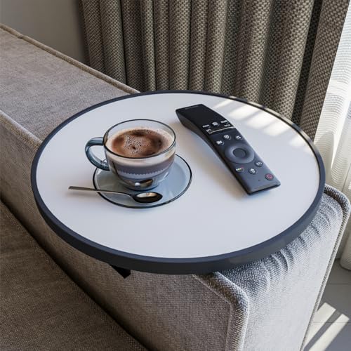 Sofatablett Armlehne, Couch-Tablett, Einstellbarer Sofa-Tablett, Getränkehalter, spezielles Design stoßfeste Umrandung, Sitzgarnitur Ablage, Durchmesser ⌀ 34 cm, Weiß, Comfy von sugodesign