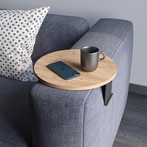 sugodesign Couch-Tablett Armlehne, Einstellbarer Sofa-Tablett, Getränkehalter, spezielles Design mit praktischer Metallhalterung, Sitzgarnitur Ablage, Durchmesser ⌀ 35 cm (Holz-Optik) von sugodesign