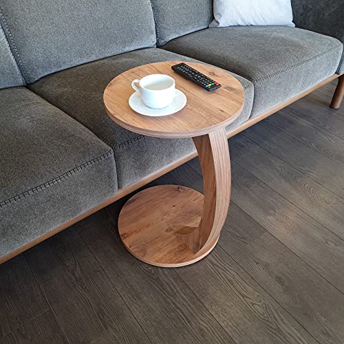 sugodesign Couchtisch mit Rollen, Kleiner Beistelltisch C Form, stylischer Sofatisch in schöner Nussbaum Holz Optik, runder Tisch als Ablagefläche für Couch und Sofa von sugodesign