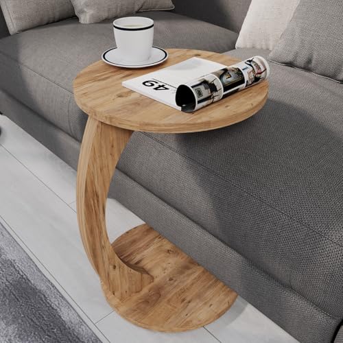 sugodesign Couchtisch mit Rollen, Kleiner Beistelltisch C Form, stylischer Sofatisch in schöner Nussbaum Holz Optik, runder Tisch als Ablagefläche für Couch und Sofa von sugodesign