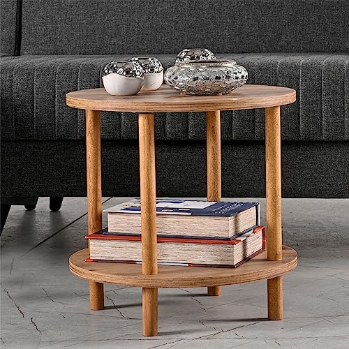 sugodesign Zweistöckiger Sofatisch aus Holz, Beistelltisch, Kleiner runder Couchtisch, eleganter 2-stöckiger Ecktisch, Bücherregal, Blumenregal, Dekoregal, Küchenregal, Büroregal, Wohnzimmerregal von sugodesign