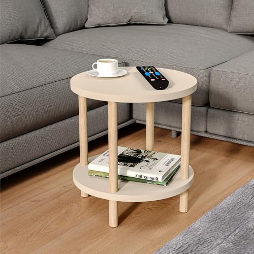 sugodesign Beistelltisch rund Holz, Ø 42,5 cm, Kleiner Couchtisch rund aus Holz, 2 Ablagen mehr Stauraum, Idealer Sofatisch oder Coffee Table für Wohnzimmer, Couchtisch in Sand-Beige, einfacher Aufbau von sugodesign