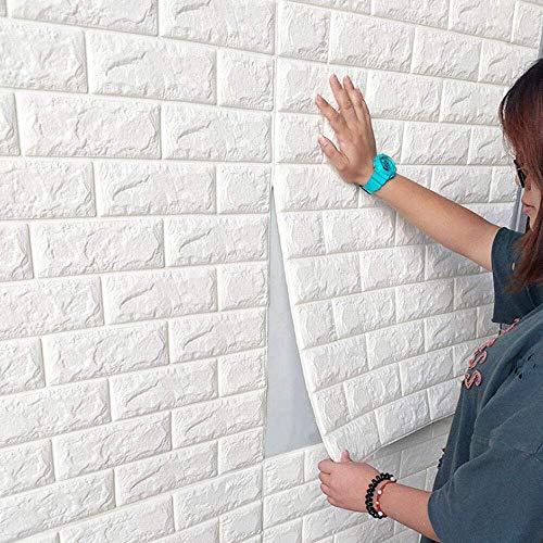 10pcs 3D Wandpaneel selbstklebende Stein Aussehen Tapete 70 x 77 cm PE Foam DIY Brick Stone Embossed Wall Paper Wall Stickers Wall Decor (weiß) von sujrtuj