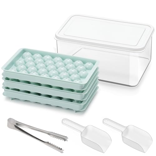 Sukudon Runde Eiswürfelform,Eiswürfelbehälter mit Deckel und Behälter,2,5 cm x 99 Stück Eiswürfel,Mini Eiswürfelform mit Non-BPA,für Cocktail,Kaffee & Tee（3Tabletts,2Schaufel,1Behälter,1Eiszange） von sukudon