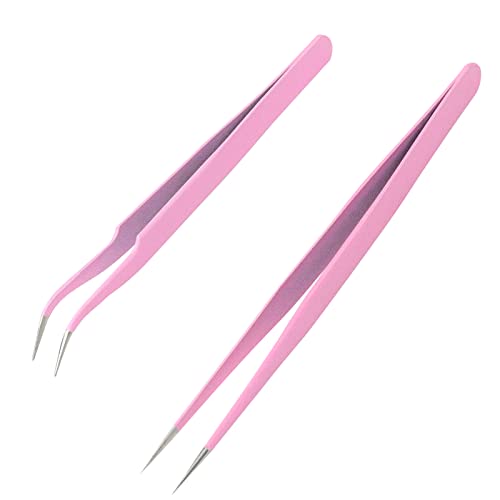 Sularpek 2 Stücke Pinzette Spitz, Professionelle Pinzette Wimpern, Edelstahl Pinzetten Gebogene Gerade Pinzette, Wimpernverlängerung Pinzette, Mitesser Entferner Augenbrauen Entfernung Pinzette (Rosa) von sularpek