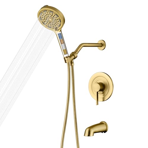 SUMERAIN Duschsystem aus gebürstetem Gold mit 6 Sprühstrahlen, gefilterter Handbrausekopf, Duscharmatur-Set mit hohem Durchfluss Wannenauslauf SUMERAIN Duschsystem aus gebürstetem Gold mit 6 Sprühstrahlen, gefilterter Handbrausekopf, Duscharmatur-Set mit hohem Durchfluss Wannenauslauf von sumerain