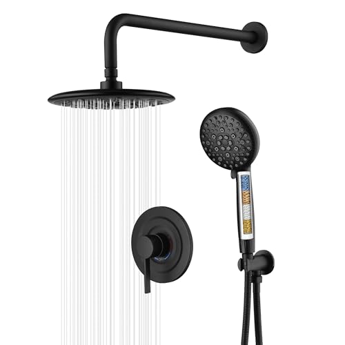 sumerain Mattschwarzes Duschsystem, Handbrause mit Filtern für hartes Wasser, 22,9 cm Hochdruck, mehrere Modi, Regenduschkopf, Ventil enthalten sumerain Mattschwarzes Duschsystem, Handbrause mit Filtern für hartes Wasser, 22,9 cm Hochdruck, mehrere Modi, Regenduschkopf, Ventil enthalten von sumerain