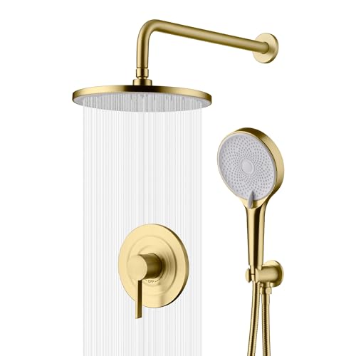 sumerain Regenduschsystem mit 25,4 cm Regenduschkopf, gebürstetes Gold, Duscharmatur, komplettes Set mit grobem Ventil und Verkleidungsset von sumerain
