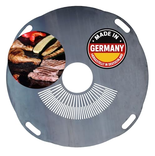 summersbay Premium Feuerplatte 100 cm - 5mm dick - Grillring & BBQ-Platte (mit Feinem Grillrost) & 4 Handgriffen - Ultimatives Grilldisk-Erlebnis für Feuertonnen & Feuerring von summersbay