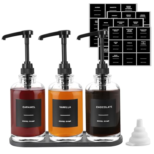 Sunal Kaffee Sirup Spender mit Tray,3er Pack Glas Sirup Spender mit 1/4 oz großer Kapazitätspumpe,wasserdichte Etiketten und Trichter, 16,9 oz/500 ml Sirup Pump flasche für Kaffee bar(schwarz) von sunal