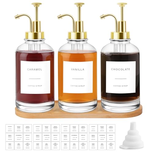 Sunal Kaffee Sirup Spender,Set of 3 Glas Sirup Spender,500ml/16,9 oz Golden Sirup Pump Flasche,Honig Spender mit 36 wasserdichten Etiketten,1 Tray und 1 Silikon Trichter für Küche Kaffee Bar von sunal