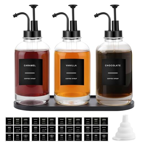 Sunal Kaffee Sirup Spender,Set of 3 Glas Sirup Spender,500ml/16,9 oz Schwarz Sirup Pump Flasche,Honig Spender mit 36 wasserdichten Etiketten,1 Tray und 1 Silikon Trichter für Küche Kaffee Bar von sunal
