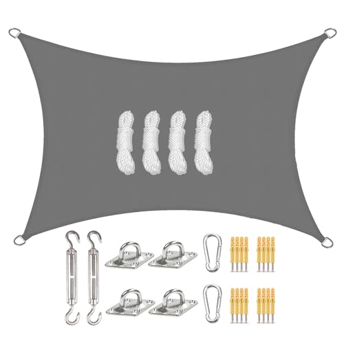 Sunal Sonnensegel Rechteckig 2x3m mit Befestigung Set,PES Polyester Wasserdicht,inkl Befestigungsseile,Für Sonnenschutz auf Balkonen,Gärten und Terrassen,Grau von sunal