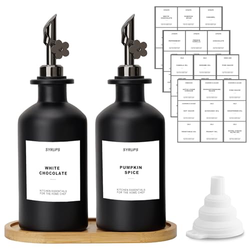 sunal Essig und Ölflaschen Set,2er pack Schwarz Olivenöl Spender Set,350ml/11,8 oz Glas Ölspender,Olivenöl flaschen mit Tablett,beschwertem Ausgießer und 40 wasserfestem Etikett&Silikon Trichter von sunal