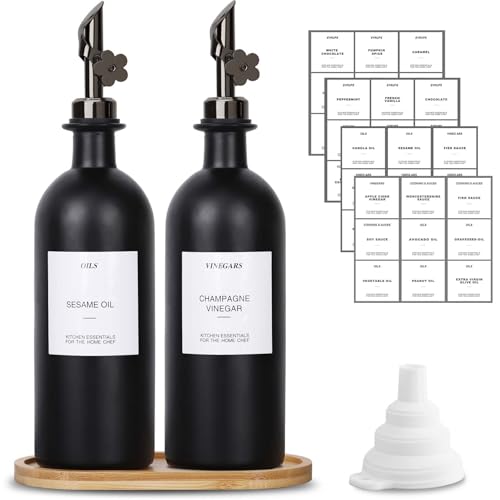 sunal Essig und Ölflaschen Set,Schwarz 500ml/16,9 oz Olivenöl Spender Set,2er pack Glas Ölspender,Olivenöl flaschen mit 1 Tablett,2 beschwertem Ausgießer,40 wasserfestem Etikett,1 Silikon Trichter von sunal