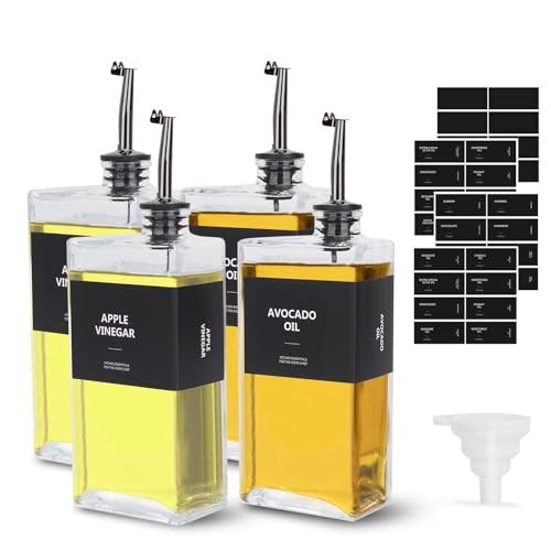 sunal Ölflaschen Set,Schwarz 4er pack Olivenöl Spender Set,500ml/16,9 oz Glas Ölspender,Olivenöl flaschen mit beschwertem Ausgießer und 40 wasserfestem Etikett&Silikon Trichter von sunal