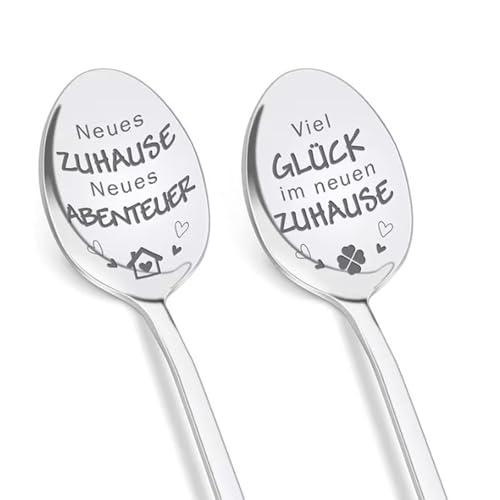2er Set Kaffeelöffel Hauswarming Geschenk - Hochwertige Edelstahl-Löffel mit Gravur, Einzugsgeschenk für Frauen, Nachbarn, Haus Einweihungsparty, Richtfest Geschenk mit Brot & Salz Idee von sundrerfect