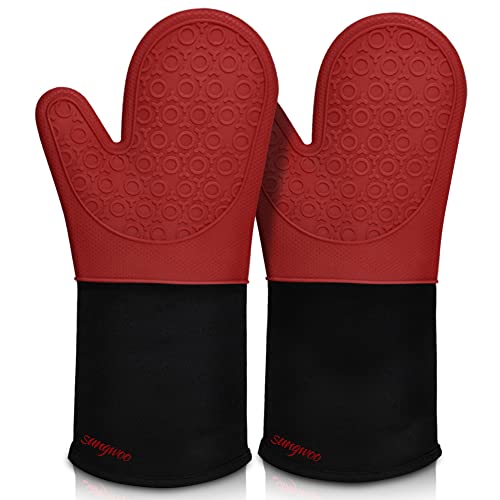 Sungwoo Extra lange Silikon-Ofenhandschuhe, langlebig, hitzebeständig, Ofenhandschuhe mit gestepptem Innenfutter, rutschfest, strukturierter Griff, Kochen und Grillen – 1 Paar 37.8 cm, rot von sungwoo